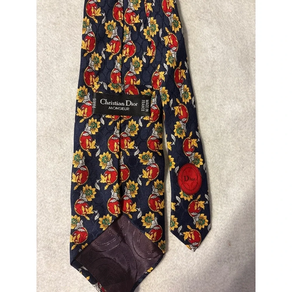 Christian Dior Monsieur Tie Mens OS Navy Blue Red Silk Floral Harvest